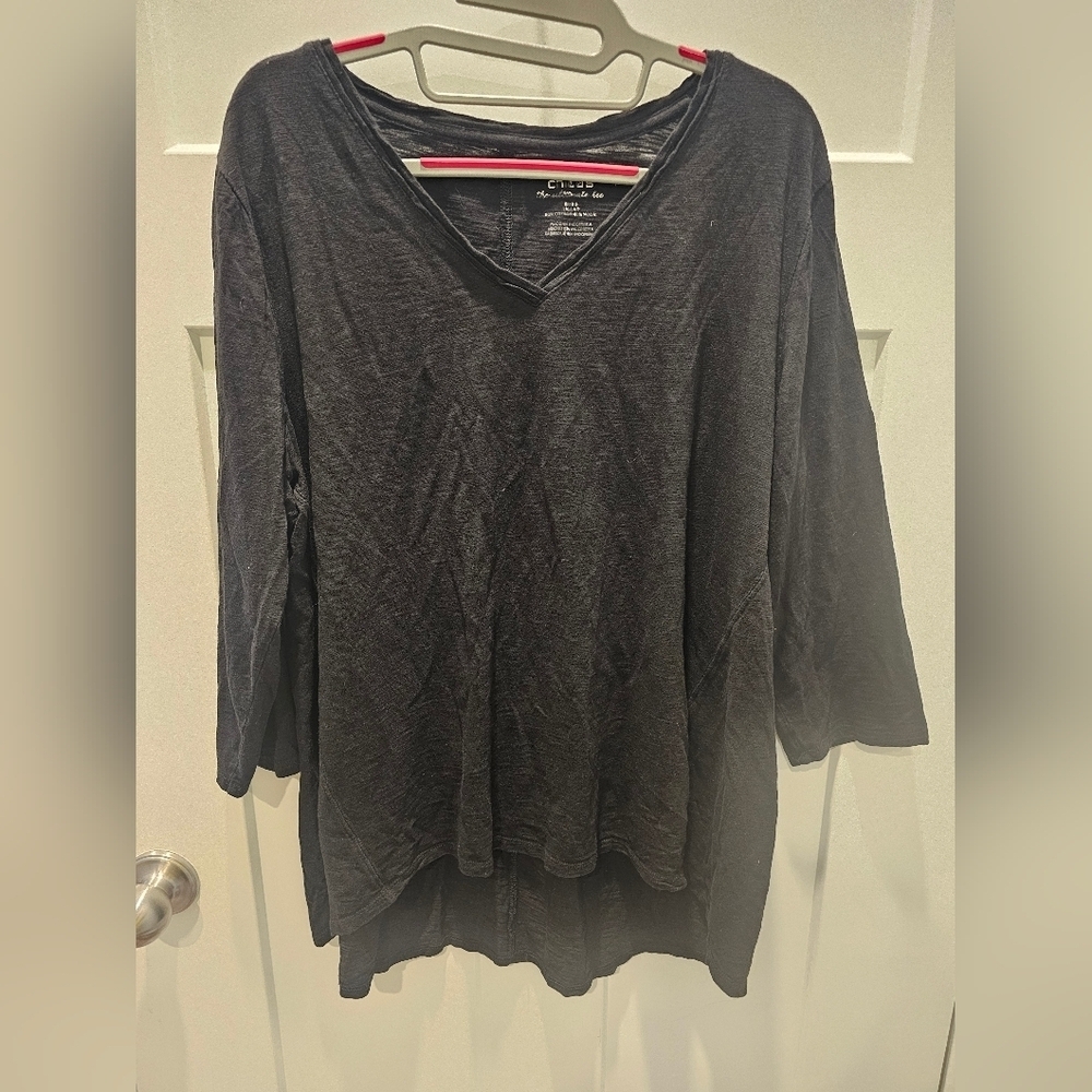 Chico’s Black V-Neck 3/4 Sleeve Tunic Top Size 3 (XL) Cotton Modal High Low Hem